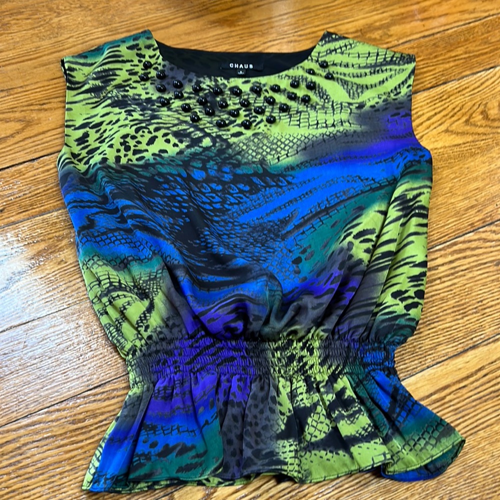 Chaus beaded detail polyester sleeveless blouse. Blue/purple/chartreuse. Small
